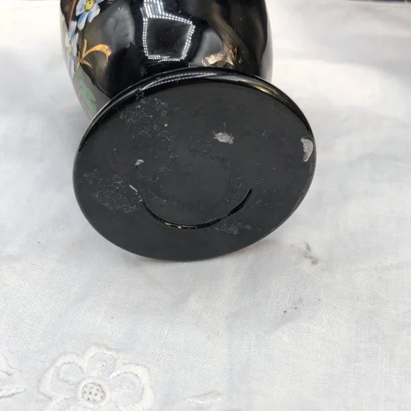 Vintage Black Art Glass Hand Painted Enamel Decoration Large Egg Cup/ Small Vase - Picture 4 of 5